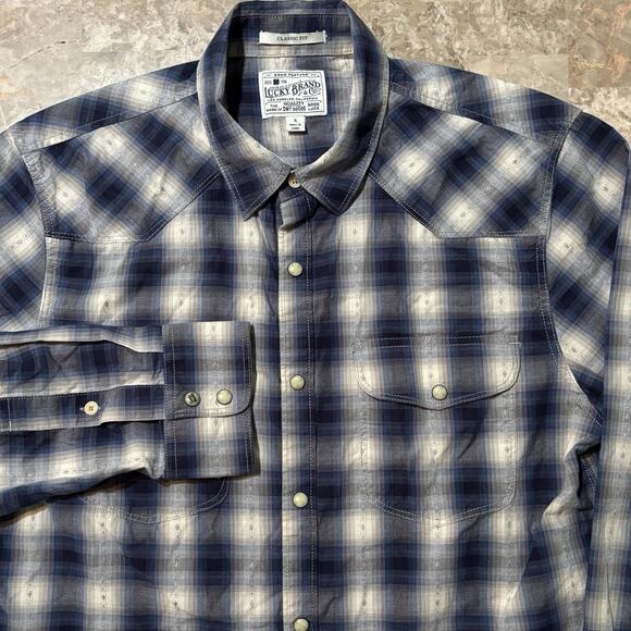 Lucky Brand Other - Lucky Brand Pearl Snap Shirt Mens Small Blue Shadow Plaid Western Yoke Rodeo